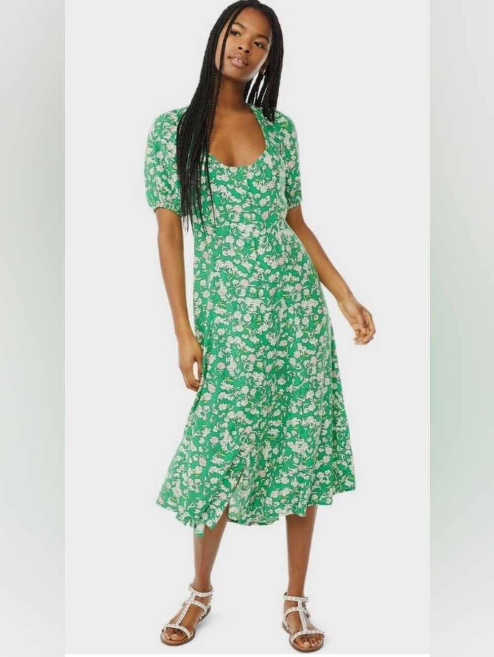 Green Floral Midi Dress with Scoop Neck